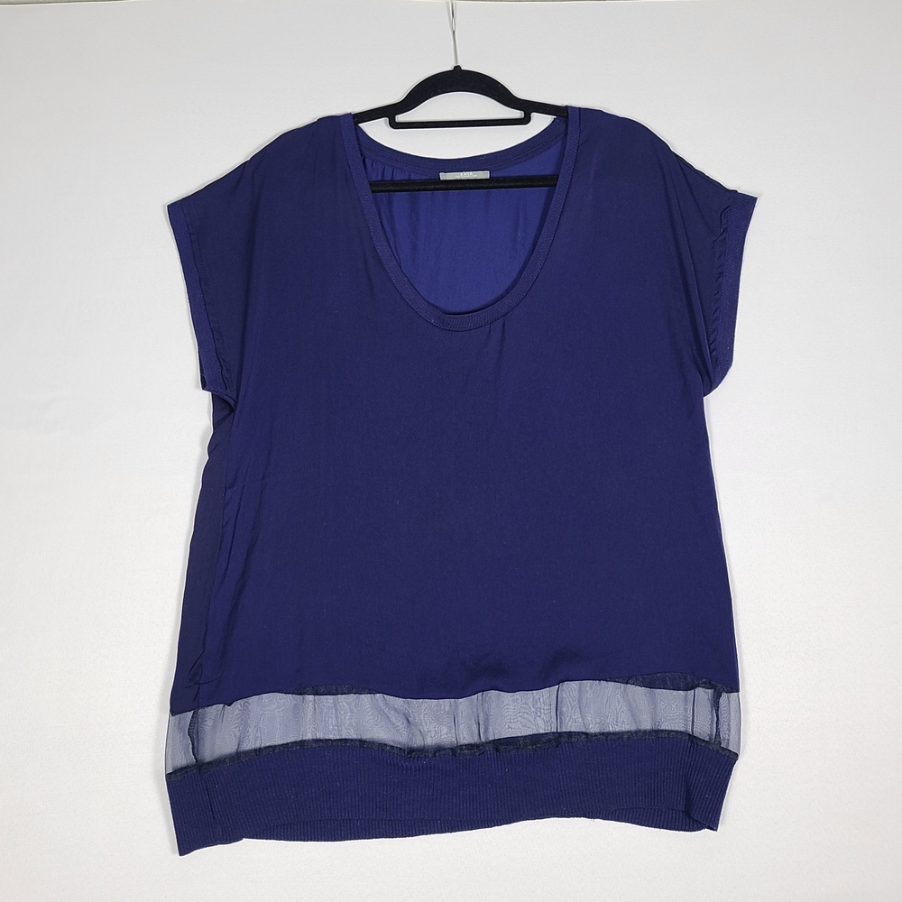 Zara Short-Sleeve Shirt Sheer Pannel Blue Womens Size Large Relaxed Fit Blouse